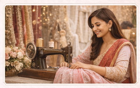 Tailor designing a handmade bridal gown with detailed embroidery